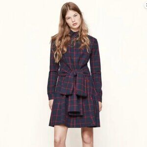 Maje navy blue red windowpane check long sleeve shirt dress 1 S